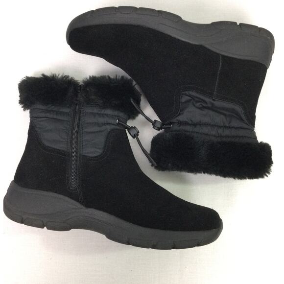 Lands End Suede Faux Fur Trim Quilted Accent Round Toe Black Ankle Bootie 7B - Picture 7 of 13
